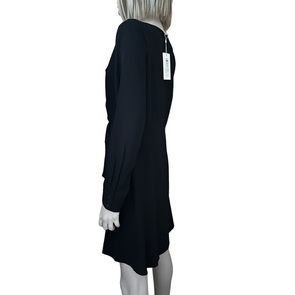 Vila Clothes Black Dress Fit & Flare Long Sleeve Bow Tie and Button Skirt Plunge - Picture 9 of 16